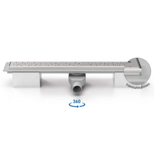 Kunststoffrinne mit Edelstahlrahmen und Seitlichem Ablauf D 50 um 360° drehbare Siphon