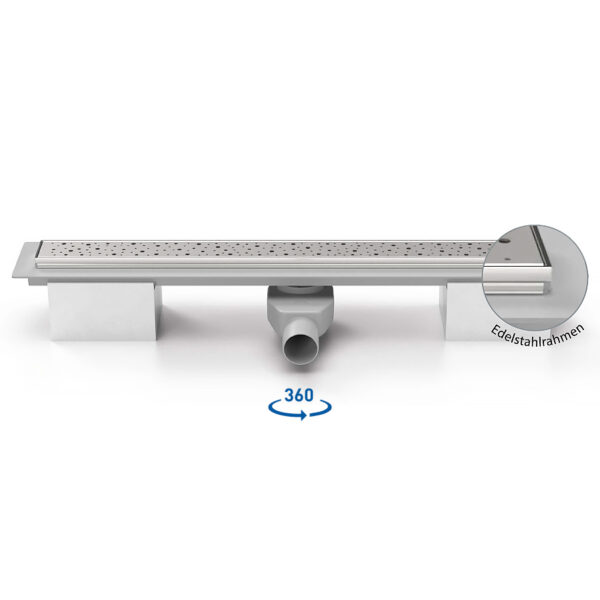Kunststoffrinne mit Edelstahlrahmen und Seitlichem Ablauf D 50 um 360° drehbare Siphon